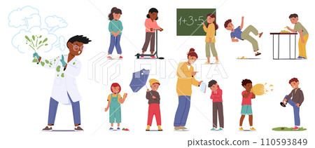 Set Of Children Experience Failures and Mistakes. Frustrated Kids Characters. Boy Step in Poop, Holds Broken Umbrella Set Of Children Experience Failures and Mistakes. Frustrated Kids Characters. Boy Step in Poop, Holds Broken Umbrella 110593849