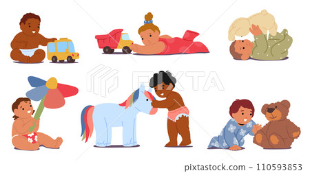 Babies Playing With Toys. Giggles Fill The Air As Chubby Hands Grasp Colorful Playthings. Innocent Eyes Sparkle With Joy 110593853