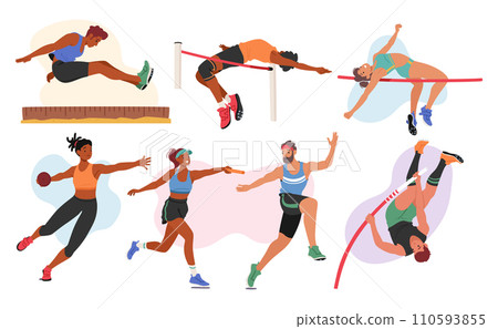 Set Of Athletes Male And Female Characters. Relay Racers, Long, Pole And High Jumper, Discus Thrower Vector Illustration 110593855