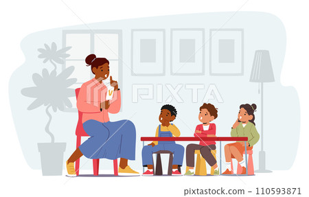 Speech Therapist Engages Preschoolers, Making Alphabet Fun. Using Play, Songs, And Visuals, Foster Language Skills Speech Therapist Engages Preschoolers, Making Alphabet Fun. Using Play, Songs, And Visuals, Foster Language Skills 110593871