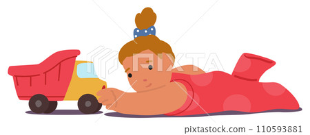 Baby Girl Character Playing With Toy. Giggles Echo As Tiny Hands Push A Colorful Car Across The Floor, Vector Baby Girl Character Playing With Toy. Giggles Echo As Tiny Hands Push A Colorful Car Across The Floor, Vector 110593881