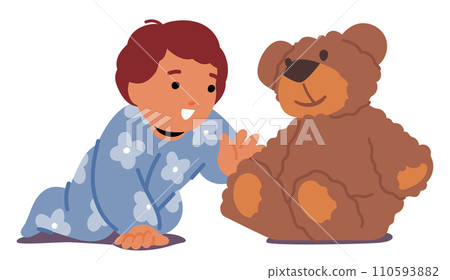 Baby Playing With Toy. Giggles Fill The Room As Tiny Hands Explore Plush Teddy Bear, Its Soft Fur A Sensory Delight 110593882