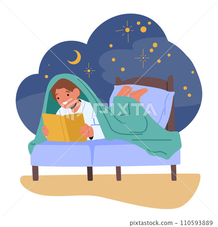 Curled Up In Bed, Little Child Boy Character Engrossed In A Book, Immersed In A World Of Imagination, Vector 110593889