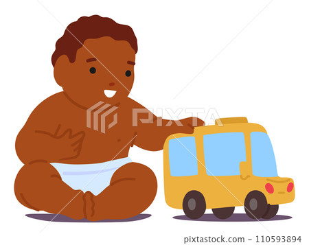Black Baby Playing With Toy, Tiny Hands Explore A Vibrant Car. Delight Sparkles In Curious Eyes, Pushing And Rolling 110593894