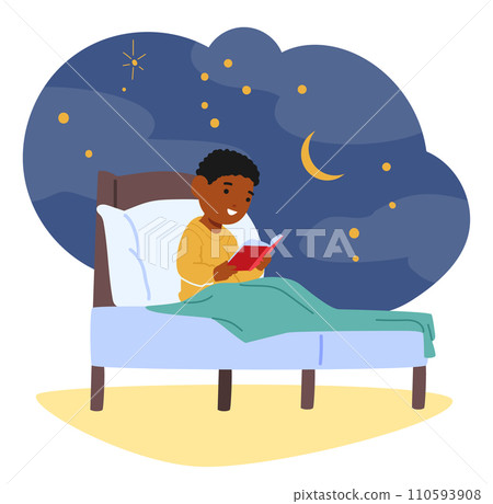 Curled Beneath Cozy Blankets, Child Character Engrossed In A Book, Bathed In The Soft Glow Of Stars, Vector Illustration 110593908