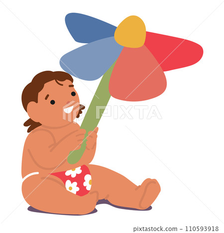 Baby Playing With Toy. Tiny Fingers Grasp A Plush Flower, Exploring Its Softness With Delight. Giggles Fill The Air Baby Playing With Toy. Tiny Fingers Grasp A Plush Flower, Exploring Its Softness With Delight. Giggles Fill The Air 110593918