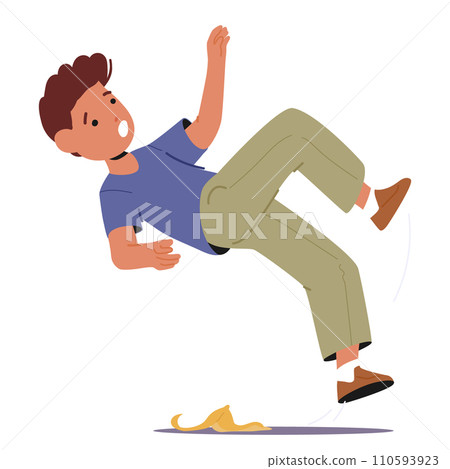 Clumsy Kid Character, Unaware, Skids On A Banana Peel With Arms Windmilling. A Classic Moment Of Youthful Misfortune 110593923