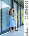 Fashion portrait of beautiful brunette woman posing in stylish evening dress, outdoor, natural daylight 110594046