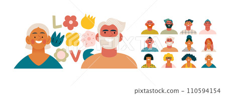 Valentine: Spectrum of Love - modern flat vector concept illustration of a vibrant array of individual portraits celebrating love's diverse expressions. Metaphor for the universal language of love 110594154