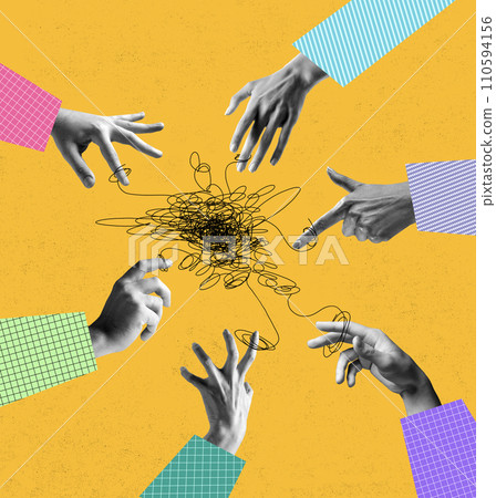 Human hands pointing at tangled drawn piece symbolizing work on difficult work situation. Teamwork and assistance. Contemporary art collage. Human hands pointing at tangled drawn piece symbolizing work on difficult work situation. Teamwork and assistance. Contemporary art collage. 110594156