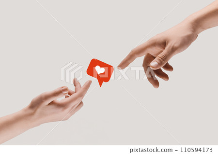 Find your perfect match, connect with someone special. Human hands reaching heart icon. Social popularity, dating agency, marketing Find your perfect match, connect with someone special. Human hands reaching heart icon. Social popularity, dating agency, marketing 110594173
