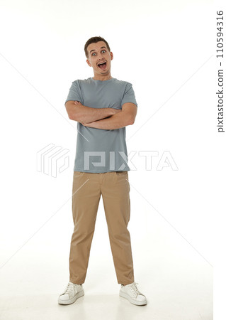 surprised guy looking at camera on white studio background 110594316