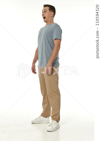 surprised guy looking at camera on white studio background 110594320