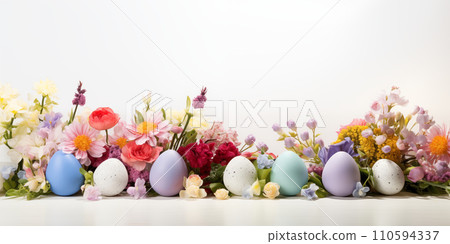 Colorful Easter eggs with beautiful spring flowers on a white background. AI generated. 110594337