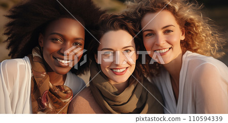 A group of beautiful smiling female friends. AI generated. 110594339