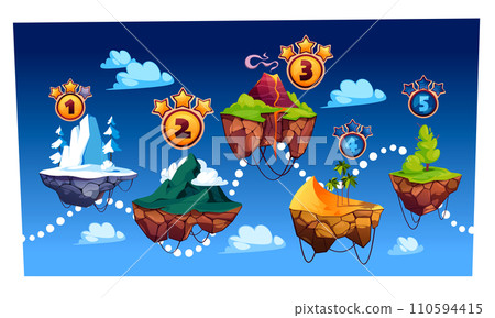 Game level map with floating ground. Screen stage scene with sky, rocks, trees and grass, lake and mountain. Vector fantasy landscape with floating rocks Game level map with floating ground. Screen stage scene with sky, rocks, trees and grass, lake and mountain. Vector fantasy landscape with floating rocks 110594415