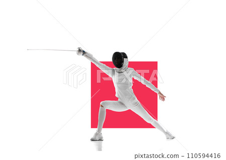 Female fencer in motion, training over white background with red element. Concentrated young woman Female fencer in motion, training over white background with red element. Concentrated young woman 110594416