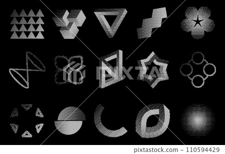 Bitmap dither figures. Abstract pixel gradient geometric shapes with distort and glitch effect. Vector bitmap 90s y2k grunge glitch art set 110594429