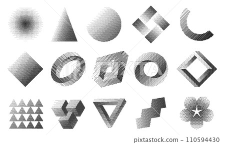 Dithering shapes. Retro 90s style pixel abstract geometric forms, trendy black and white circle and square halftone texture. Vector retro logo badges 110594430