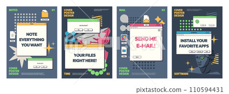 Vaporwave posters. Abstract surrealistic comic hipster style banners with retro technology and retro style elements. Vector minimalistic posters 110594431