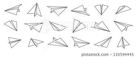 Paper planes icons. Folded origami aircraft, plane top and bottom, origami game variations. Thin paper art symbol collection. Vector set 110594445