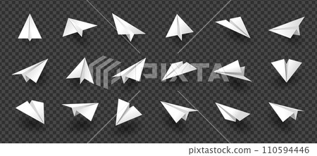 Paper planes. Folded origami air crafts, white abstract origami symbols, plane flight toy for kids. Vector collection 110594446