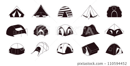 Tent black icons. Camping and festival open air tents, inflatable outdoor structures, pavilion for party, holiday accommodation. Vector isolated set 110594452
