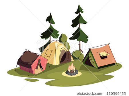 Forest camping with tents. Cartoon summer trekking concept with camping in the woods, outdoor glade with tents and fire. Vector illustration Forest camping with tents. Cartoon summer trekking concept with camping in the woods, outdoor glade with tents and fire. Vector illustration 110594455