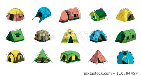 Camping tent. Summer outdoor shelter with rope and pegs, various colorful touristic tents for hiking and camping recreational activity. Cartoon canvas tents Camping tent. Summer outdoor shelter with rope and pegs, various colorful touristic tents for hiking and camping recreational activity. Cartoon canvas tents 110594457