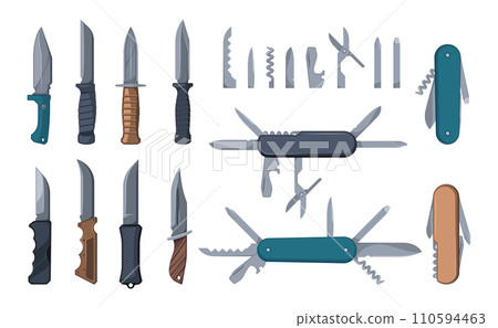 Knives and multitools. Army pliers with rubber grip survival kit, cartoon worker tool for opening bottles, screwing, cutting, trimming. Vector set 110594463