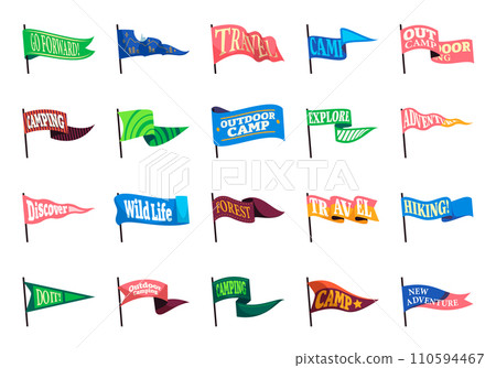 Forest camping pennants. Summer wilderness expedition badges with hiking equipment and campfire. Vector flat banner with hiking motto and exploration concept Forest camping pennants. Summer wilderness expedition badges with hiking equipment and campfire. Vector flat banner with hiking motto and exploration concept 110594467