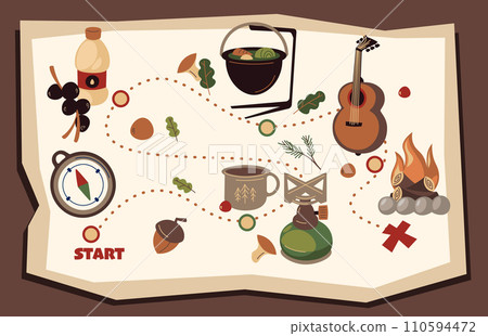 Camping route map. Doodle guidance for hiking and trekking on mountain trail with tent and equipment, hiking vacation panorama banner. Vector illustration 110594472