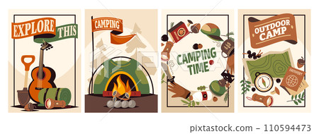 Forest camping poster. Summer outdoor activity brochure with hiking and camping logo, nature recreation concept. Vector flyer banner Forest camping poster. Summer outdoor activity brochure with hiking and camping logo, nature recreation concept. Vector flyer banner 110594473
