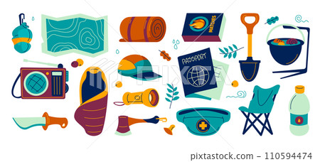 Emergency supplies. Disaster recovery kit with water bottle, canned food and flashlight, instant noodles and blanket. Cartoon preparedness concept 110594474