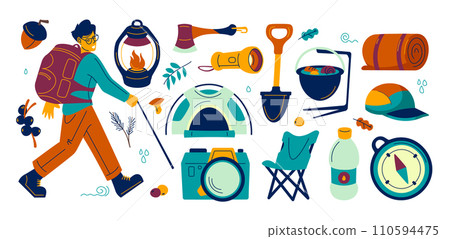 Hiking and camping equipment. Cartoon mountain trekking and campfire picnic tools, outdoor vacation and survival accessories. Vector flat illustration 110594475