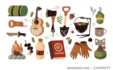 Expedition equipment. Cartoon trekking and hiking tools and stuff, mountain camping accessories, doodle vacation and survival tools. Vector set 110594477
