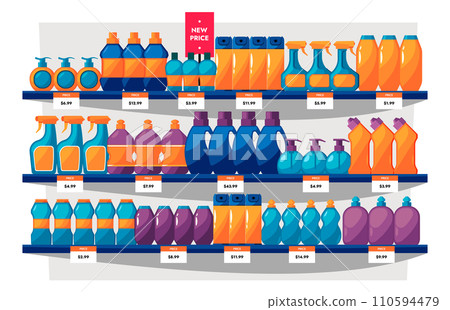 Household chemicals shelves. Store of chemical cleaning products, hygiene and domestic concept with bottle powder gel. Vector supermarket illustration Household chemicals shelves. Store of chemical cleaning products, hygiene and domestic concept with bottle powder gel. Vector supermarket illustration 110594479