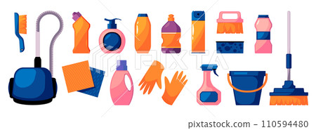 Cleaning supplies. Clean service tools kit, domestic cleaning products, chemical detergent liquid bleach bottle, home sanitation. Vector set Cleaning supplies. Clean service tools kit, domestic cleaning products, chemical detergent liquid bleach bottle, home sanitation. Vector set 110594480