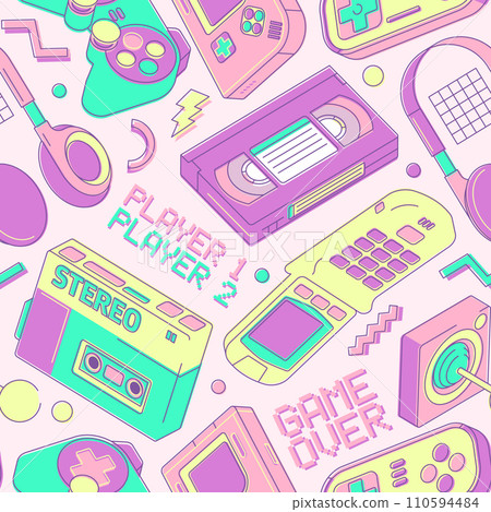 Retro gaming devices pattern. Seamless print of colorful gamepad controller, modern technology for party backdrop or wrapping paper. Vector texture Retro gaming devices pattern. Seamless print of colorful gamepad controller, modern technology for party backdrop or wrapping paper. Vector texture 110594484