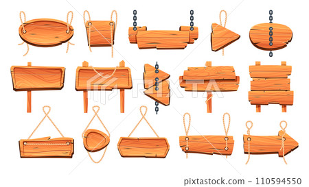 Cartoon wooden signboards. Empty old-fashioned planks and direction signs, rural wooden frames, old-fashioned board banner. Vector isolated set 110594550