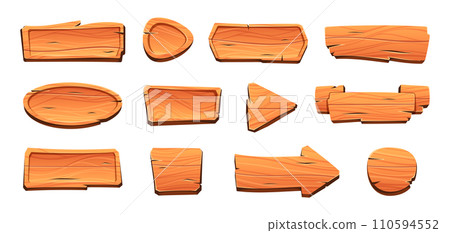 Cartoon game wooden ui elements. Horizontal banner and round panel with arrow and buttons, 2d sprite asset for mobile app UI. Vector isolated set Cartoon game wooden ui elements. Horizontal banner and round panel with arrow and buttons, 2d sprite asset for mobile app UI. Vector isolated set 110594552