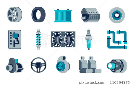 Car spare parts. Mechanism engine screw nut bolt, car mechanic equipment for repair, workshop detail equipment flat style. Vector isolated set 110594575