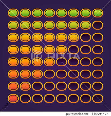 Loading progress bar UI. Game asset of shiny health and score percent indicator, animation UI sprite for mobile web application. Vector colorful set 110594576