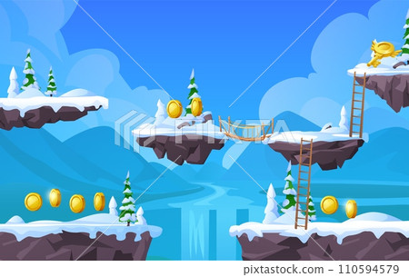 Arcade game scenery design with floating snowy islands, 2D vector illustration. Arcade game scenery design with floating snowy islands, 2D vector illustration. 110594579