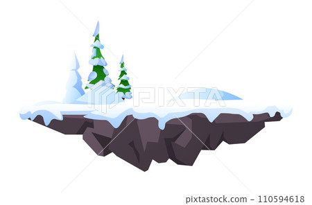 Level platform, frozen forest land island floating, vector cartoon fantasy game rock stage with fir-trees and snowdrifts 110594618