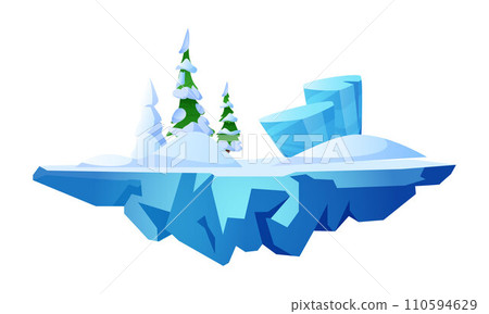 Level platform, frozen forest ice land island floating, vector fantasy game rock stage with fir-trees and snowdrifts 110594629