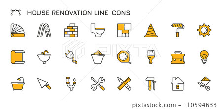 House maintanance repair icons. Wall repair and remodeling, wall painting and plastering tools and equipment. Vector house renovation set House maintanance repair icons. Wall repair and remodeling, wall painting and plastering tools and equipment. Vector house renovation set 110594633