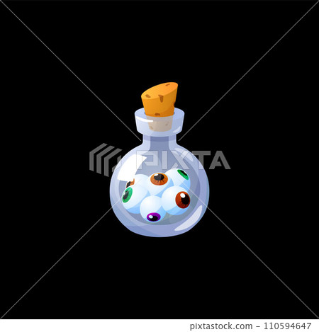 Potion glass bottle with eyeballs inside on dark background. Potion glass bottle with eyeballs inside on dark background. 110594647