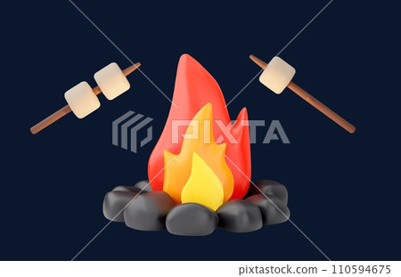 Burning bonfire or campfire laid cobblestones flame, frying marshmallows on the sticks, vector 3d realistic camping Burning bonfire or campfire laid cobblestones flame, frying marshmallows on the sticks, vector 3d realistic camping 110594675