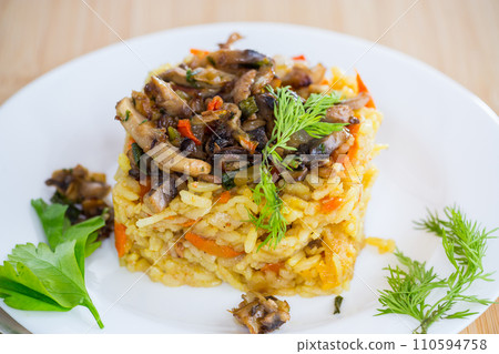 Diet pilaf with mushrooms and vegetables in a plate . 110594758